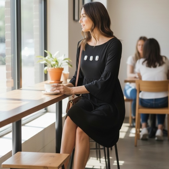 Black Cotton dress, Uncle Frank, long sleeve casual style - Picture 2 of 5